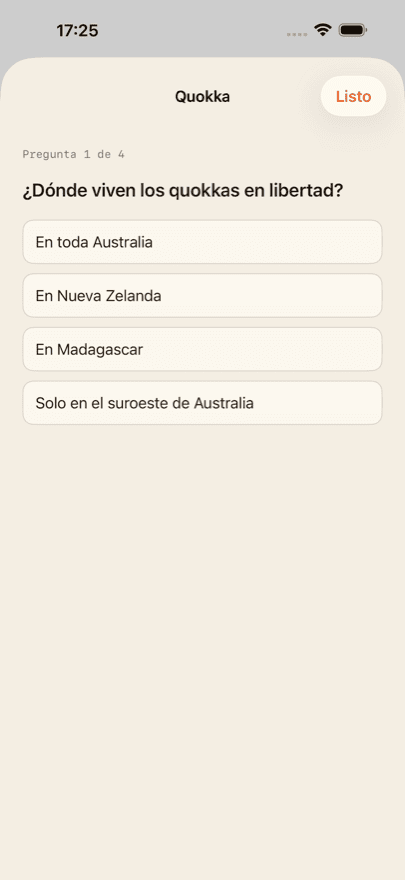 Cuatro preguntas para cada animal.