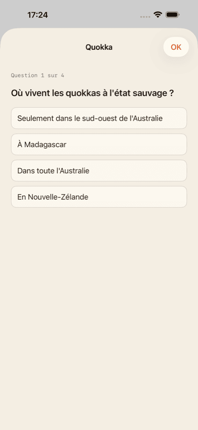 Quatre questions pour chaque animal.