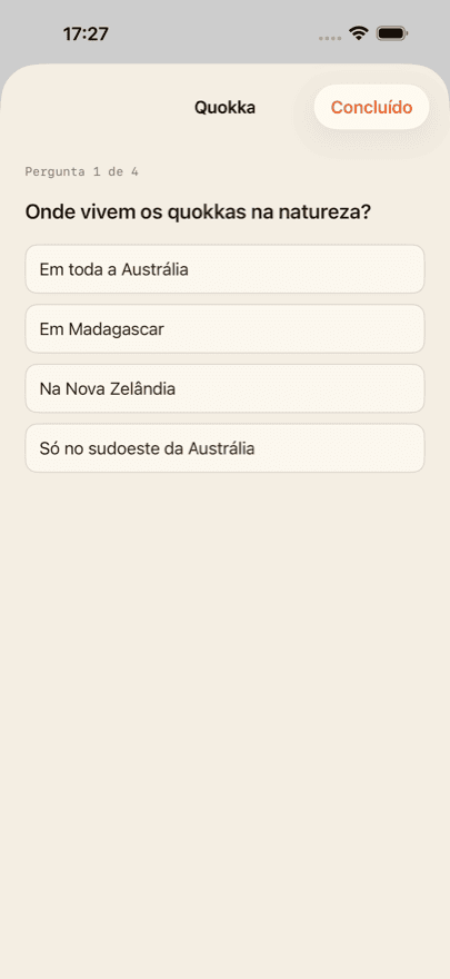 Quatro perguntas para cada animal.