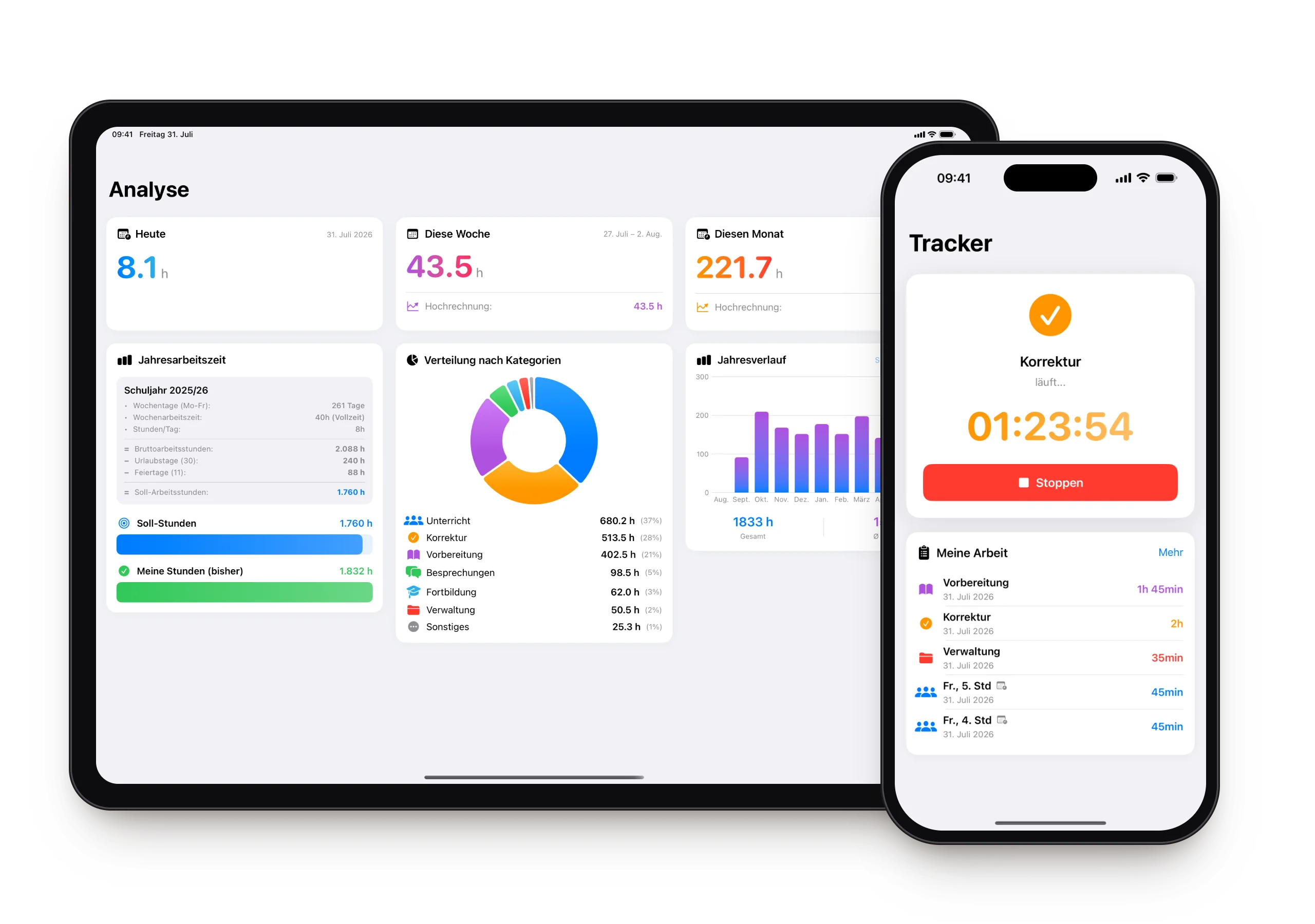 Lehrer Arbeitszeit Tracker auf iPad und iPhone