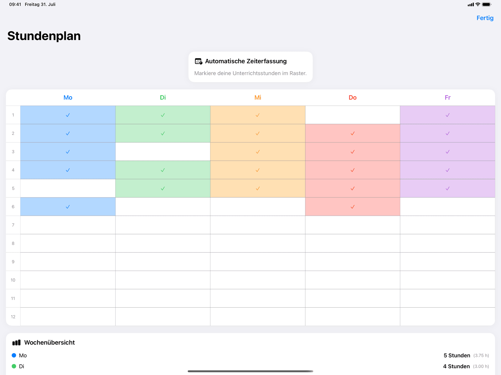 Stundenplan-Raster auf dem iPad