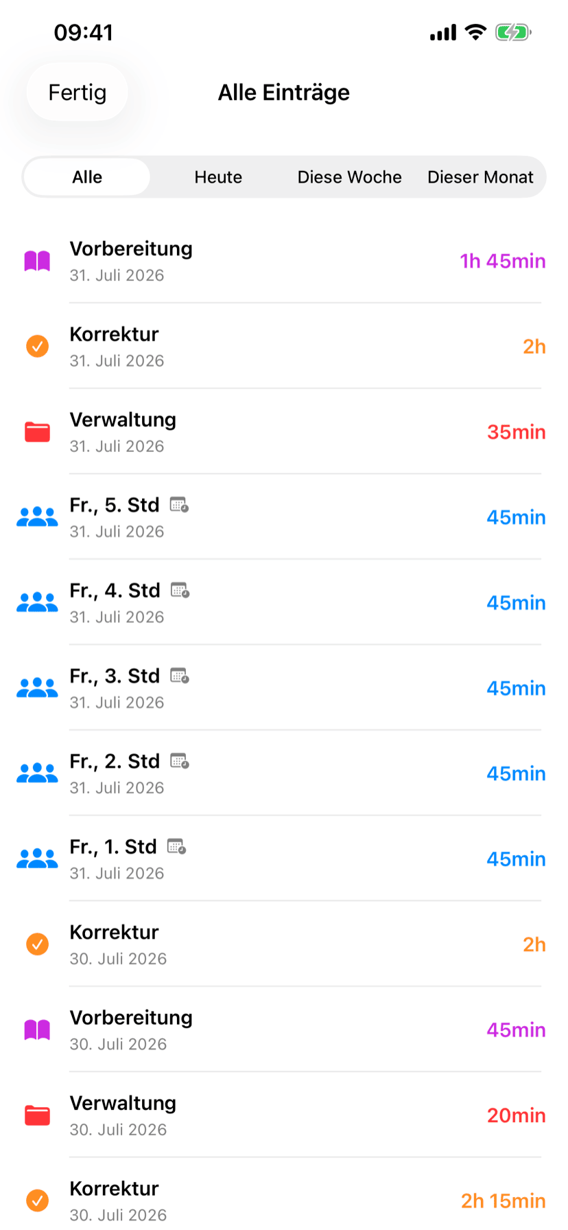 Liste aller Einträge nach Kategorie und Datum, filterbar nach Tag, Woche und Monat