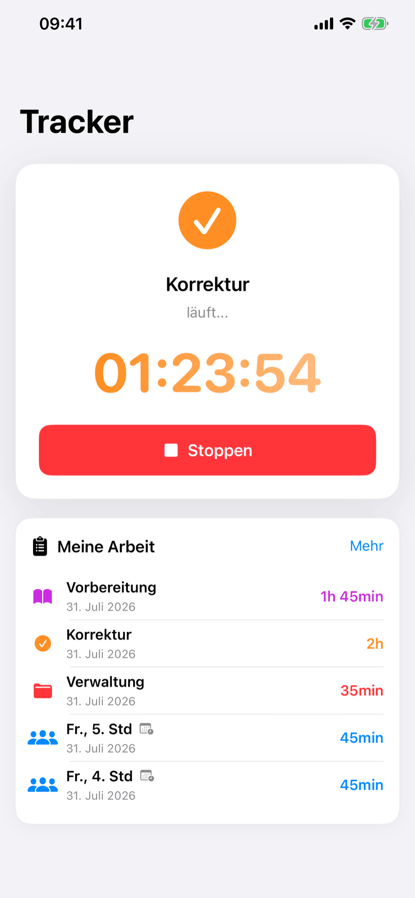 Tracker-Ansicht mit laufendem Timer für die Kategorie Korrektur und der Liste der heutigen Einträge