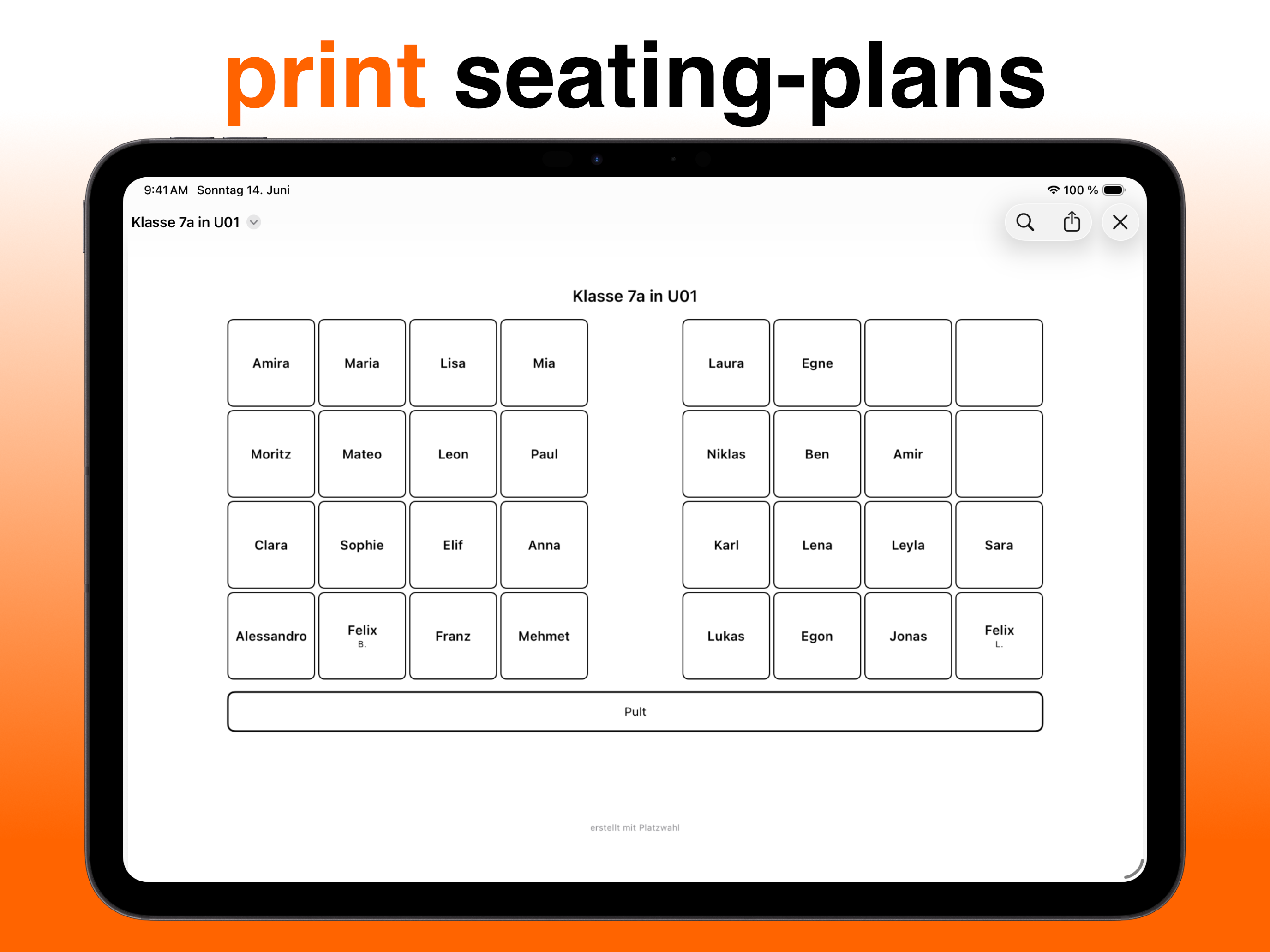 Print seating plans — clean PDF export ready to print