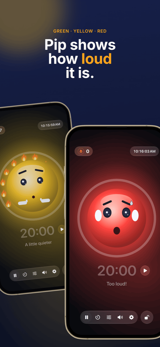 Classroom noise meter: the Ruhe app shows yellow for “A bit quieter” and red for “Too loud”