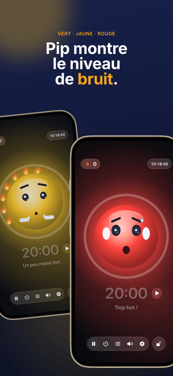 Pip montre le niveau sonore : jaune pour « Un peu moins fort », rouge pour « Trop fort ! »