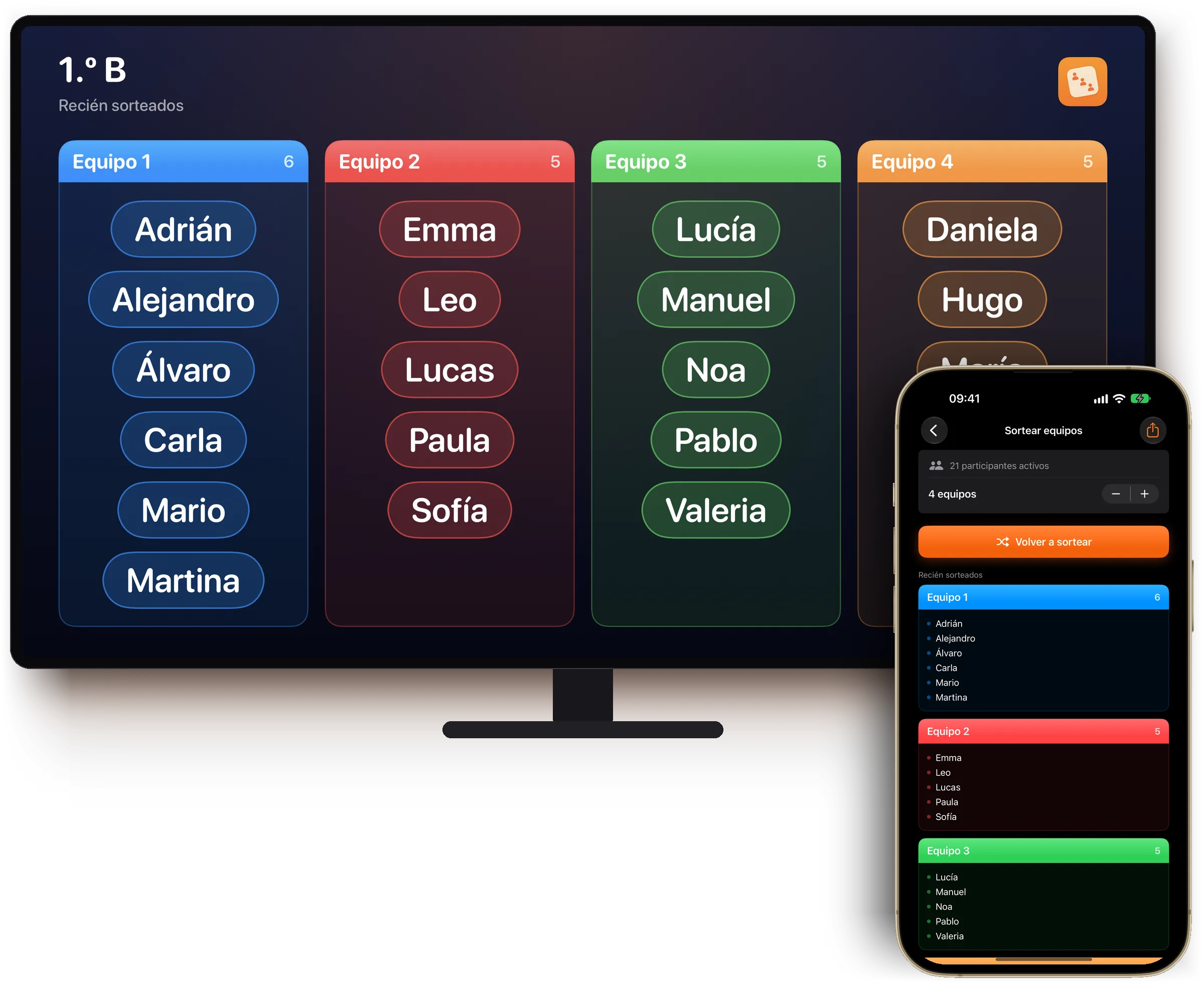 Team Sorteo en directo en un televisor: equipos sorteados, con el iPhone delante