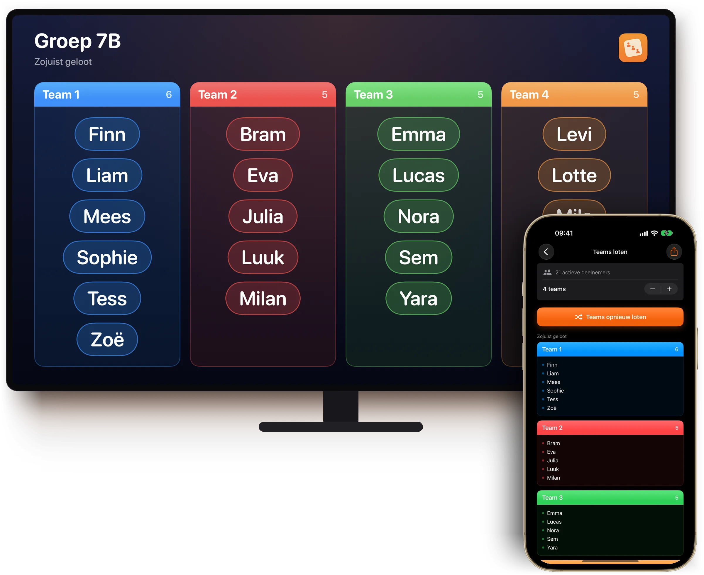 Team Loting live op een tv: gelote teams, met de iPhone ervoor
