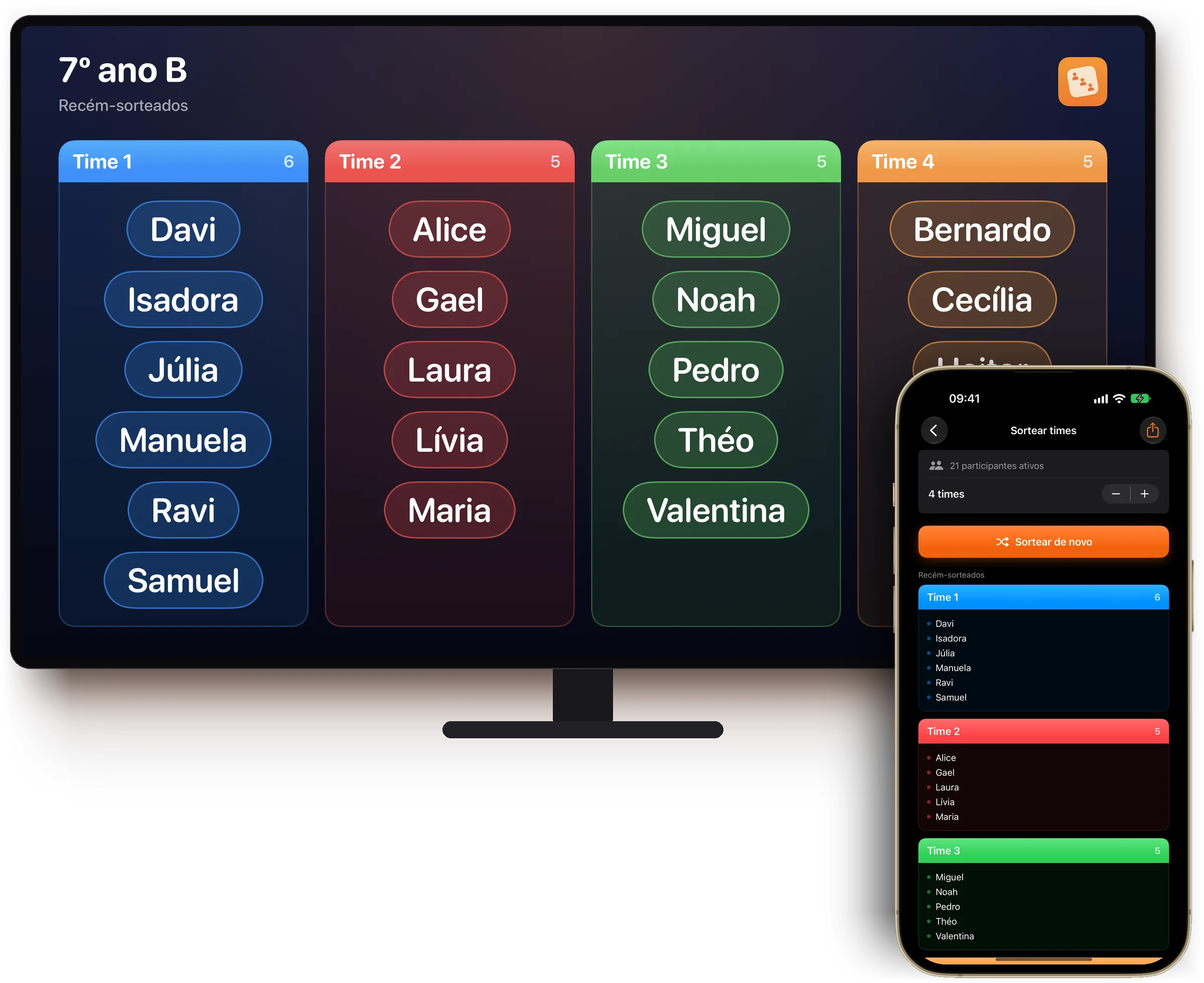 Team Sorteio ao vivo numa TV: times sorteados, com o iPhone na frente