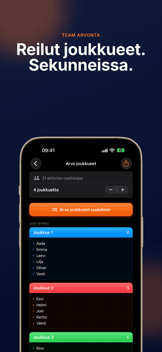 Reilut joukkueet. Sekunneissa.