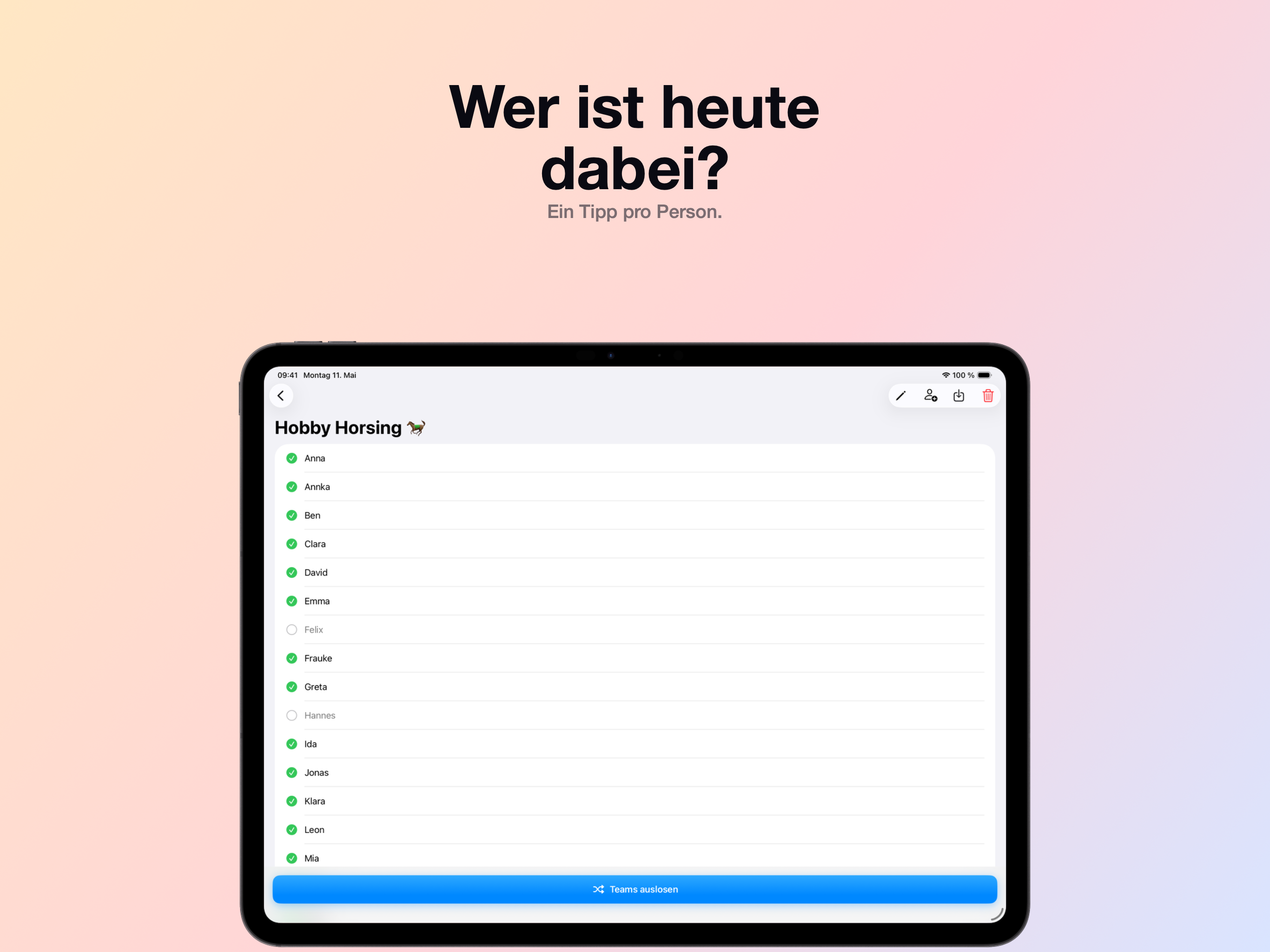 Gruppeneinteilung per App: Teilnehmerliste einer Gruppe in Team Zufall