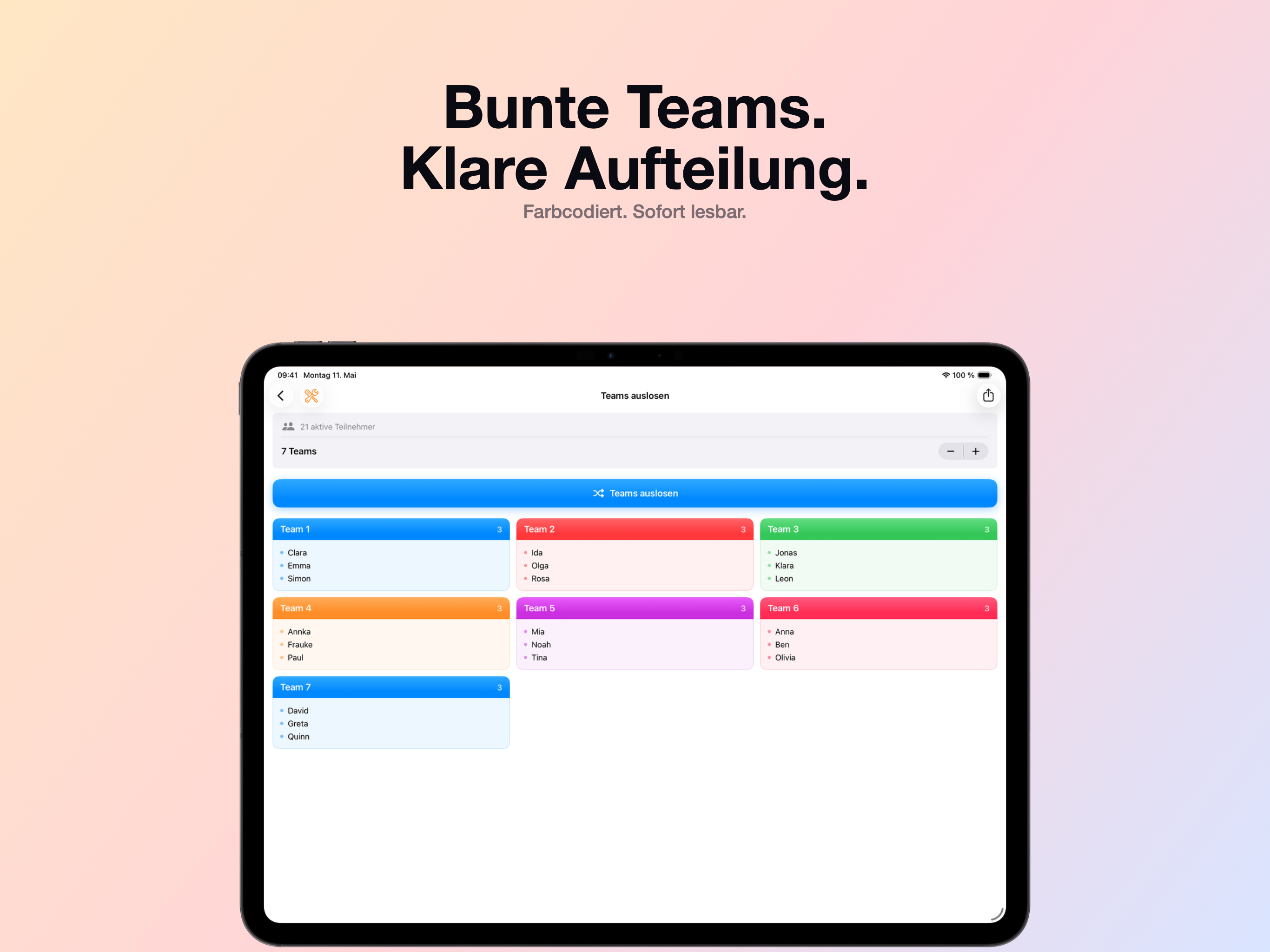 Teams auslosen mit Team Zufall: fertige Mannschaften nach der Auslosung