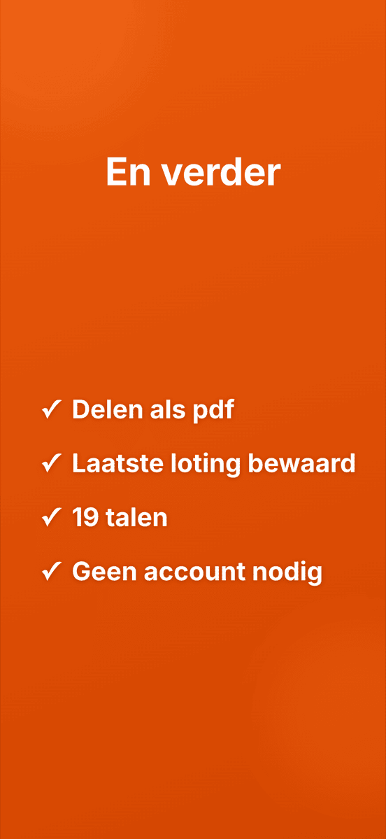 En verder: Delen als pdf, Laatste loting bewaard, 19 talen, Geen account nodig
